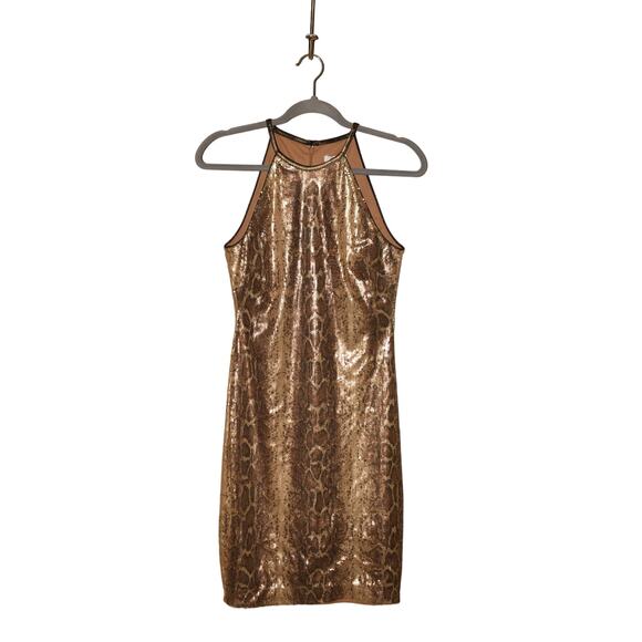 CACHE $158 Gold/Brown Sequin Snake Print Halter Neck Sheath‎ Dress Size 2 - Picture 1 of 5